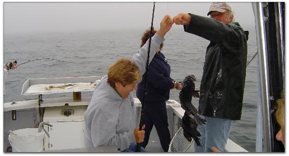 Moe, Jeannie and the
                      gang are having a ball catching black seabass
                      fishing!